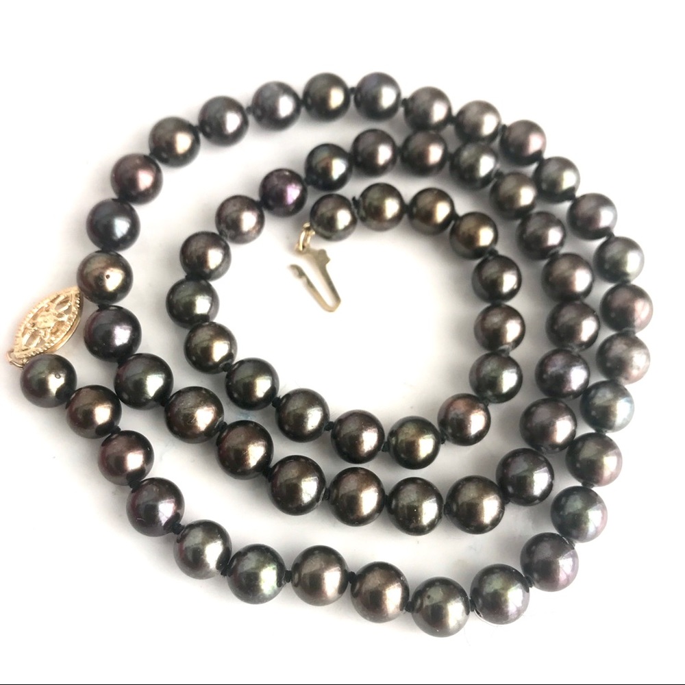 Akoya pearls 18”necklace 14K filigree gold clasp Slate or peacock color